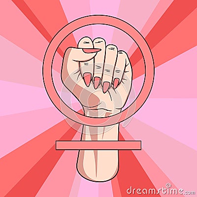 Feminism symbol. Hand of a woman raised with circle around and line on arm, depicting the feminine gender icon. Creative Vector Illustration